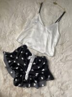 Женская Шелковая Черно-Белая Пижама - Топ + Шорты