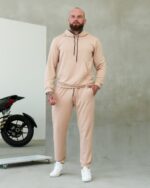 Мужской Базовый Бежевый Спортивный Костюм Свободного Кроя (Худи + Штаны)