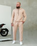 Мужской Базовый Бежевый Спортивный Костюм Свободного Кроя (Худи + Штаны)