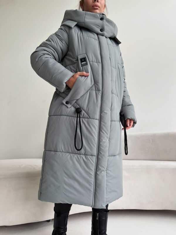 Женское Удлиненное Зимнее Фисташковое Пальто с Капюшоном