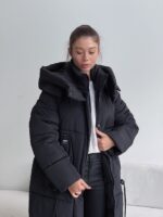 Женское Удлиненное Зимнее Черное Пальто с Капюшоном 
