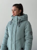 Женская Удлиненная Зимняя Фисташковая Куртка - Объемная с Капюшоном