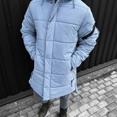 Мужская Удлиненная Зимняя Серо-Голубая Куртка - Стеганая с Капюшоном и Карманом на Рукаве
