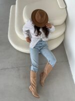 Женские Демисезонные Бежевые Сапоги Казаки - Высокие Замшевые на Байке