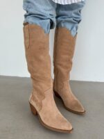 Женские Демисезонные Бежевые Сапоги Казаки - Высокие Замшевые на Байке