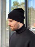 Мужская Базовая Черная Шапка Колпак с Отворотом
