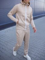 Мужской Замшевый Бежевый Костюм - Кофта на Молнии с Капюшоном + Штаны со Стрелками