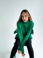 Женский Удлиненный Зеленый Свитер - Базовый Однотонный с Воротником под Горло