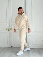 Мужской Базовый Бежевый Спортивный Костюм Оверсайз Трехнитка - Худи + Штаны с Манжетами