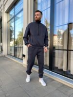 Мужской Теплый Графитовый Спортивный Костюм на Флисе - Свитшот с Коротким Замком + Джоггеры