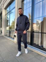 Мужской Теплый Графитовый Спортивный Костюм на Флисе - Свитшот с Коротким Замком + Джоггеры