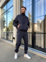 Мужской Теплый Графитовый Спортивный Костюм на Флисе - Свитшот с Коротким Замком + Джоггеры