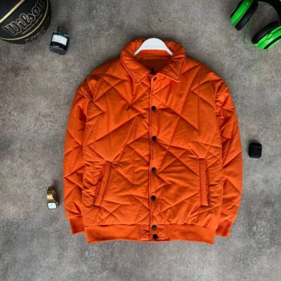 Мужская Демисезонная Оранжевая Куртка - Простроченная на Кнопках с Воротником Поло