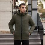 Мужская Зимняя Куртка Хаки с Капюшоном из Водоотталкивающей Плащевки