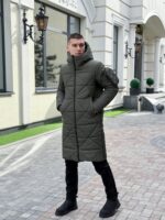Мужская Зимняя Куртка-Пальто Хаки - Удлиненная с Капюшоном и Отстегивающимся Карманом на Рукаве