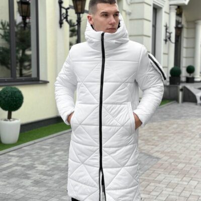 Мужская Зимняя Белая Куртка-Пальто - Удлиненная с Капюшоном и Отстегивающимся Карманом на Рукаве