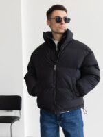Мужская Дутая Черная Куртка Оверсайз ЕвроЗима с Кулисками и Высоким Воротником