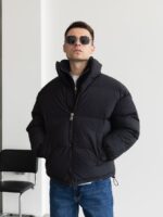Мужская Дутая Черная Куртка Оверсайз ЕвроЗима с Кулисками и Высоким Воротником