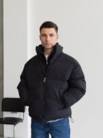 Мужская Дутая Черная Куртка Оверсайз ЕвроЗима с Кулисками и Высоким Воротником