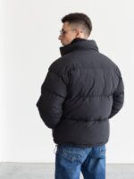 Мужская Дутая Черная Куртка Оверсайз ЕвроЗима с Кулисками и Высоким Воротником