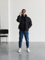 Мужская Дутая Черная Куртка Оверсайз ЕвроЗима с Кулисками и Высоким Воротником