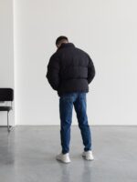 Мужская Дутая Черная Куртка Оверсайз ЕвроЗима с Кулисками и Высоким Воротником