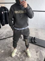 Мужской Теплый Темно-Серый Спортивный Костюм Трехнитка с Начесом - Худи с Плюшевым Принтом + Джоггеры