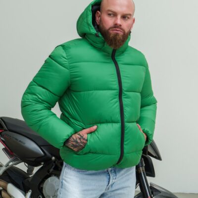 Мужская Зимняя Зеленая Куртка - Дутый Пуховик с Капюшоном