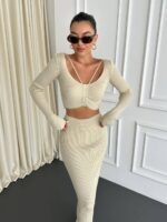 Женский Бежевый Костюм в Рубчик - Топ с Длинными Рукавами + Юбка Миди
