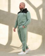 Мужской Теплый Мятный Спортивный Костюм на Флисе с Черным Капюшоном - Худи на Молнии + Штаны Джоггеры
