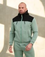 Мужской Теплый Мятный Спортивный Костюм на Флисе с Черным Капюшоном - Худи на Молнии + Штаны Джоггеры