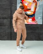 Мужской Теплый Базовый Костюм Бежевого Цвета с Начесом - Худи + Штаны