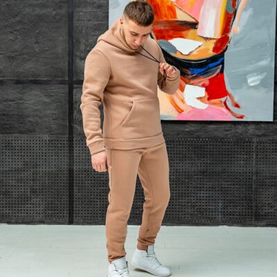 Мужской Теплый Базовый Костюм Бежевого Цвета с Начесом - Худи + Штаны