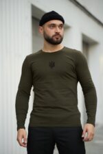 Мужской Базовый Лонгслив Хаки - Приталенный с Вышитым Тризубом