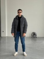 Мужская Удлиненная Зимняя Темно-Серая Курточка - Простроченная Водоотталкивающая