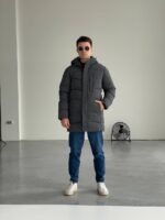 Мужская Удлиненная Зимняя Темно-Серая Курточка - Простроченная Водоотталкивающая