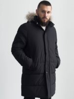 Мужская Удлиненная Зимняя Черная Куртка Водоотталкивающая с Мехом на Капюшоне