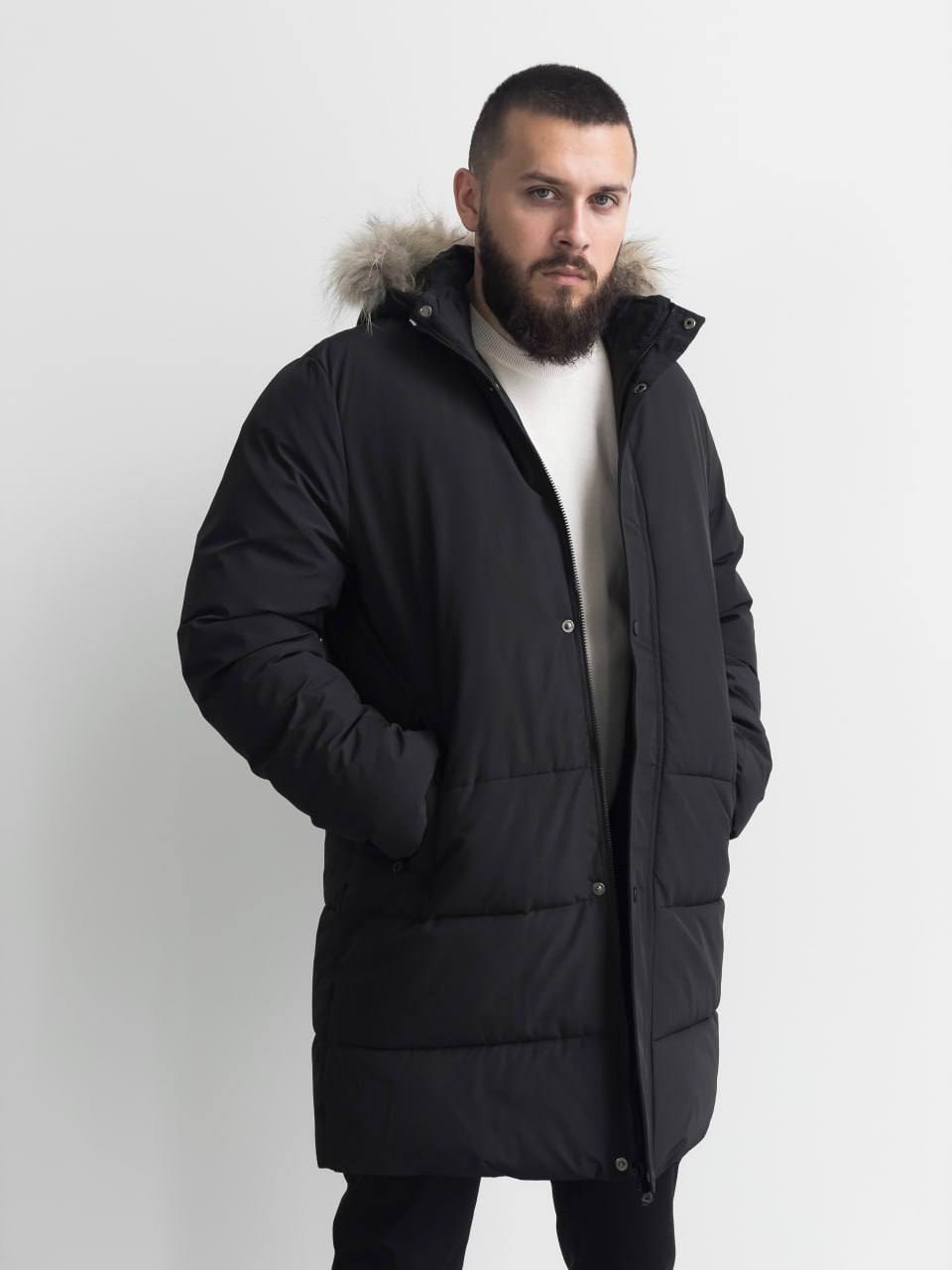 photo_2023-10-16_14-40-57 Мужская Удлиненная Зимняя Черная Куртка Водоотталкивающая с Мехом на Капюшоне