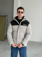 Мужская Водоотталкивающая Зимняя Серая Куртка с Капюшоном и Черной Вставкой