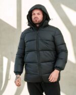 Мужской Зимний Черный Пуховик - Простроченный с Капюшоном