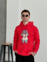 Мужское Утепленное Красное Худи Оверсайз на Флисе - Толстовка с Медведем