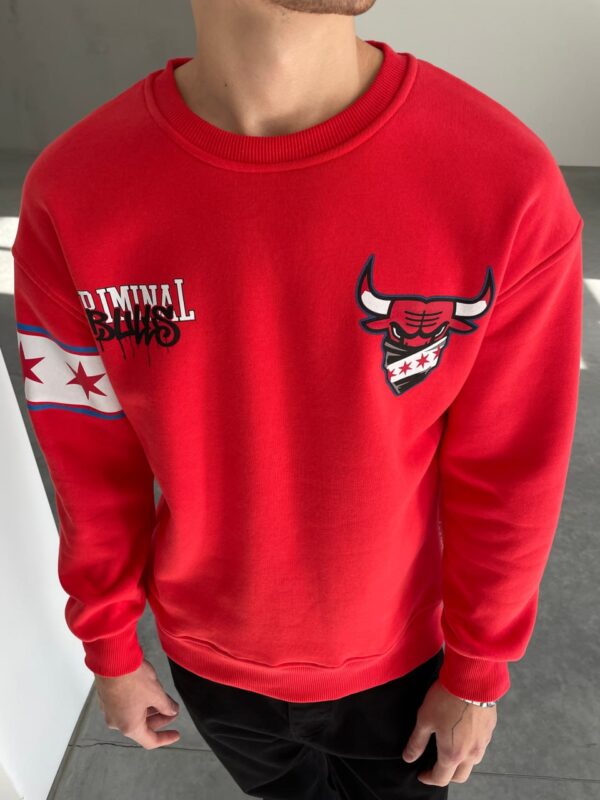 Мужской Утепленный Красный Свитшот Chicago Bulls – Чикаго Буллз Оверсайз на Флисе с Принтом на Спине