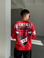 Мужской Утепленный Красный Свитшот Chicago Bulls – Чикаго Буллз Оверсайз на Флисе с Принтом на Спине