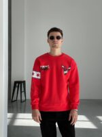 Мужской Утепленный Красный Свитшот Chicago Bulls – Чикаго Буллз Оверсайз на Флисе с Принтом на Спине