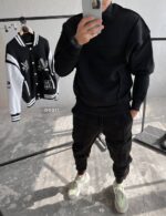 Мужской Черный Костюм со Швами Наружу - Свитшот Оверсайз + Джоггеры