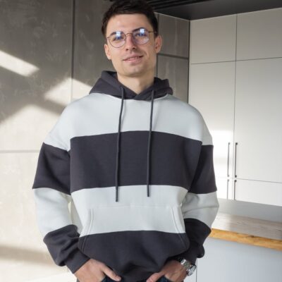 Мужское Графитово-Белое Худи Полосатое Оверсайз - Утепленное Трехнитка на Флисе
