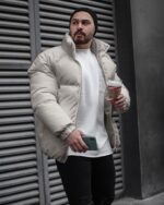 Мужская Объемная Зимняя Серая Куртка Дутик с Высоким Воротом