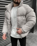 Мужская Объемная Зимняя Серая Куртка Дутик с Высоким Воротом