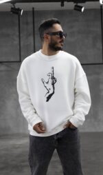 Мужской Белый Свитшот Оверсайз с Принтом Средний Палец - Трехнитка Диагональ