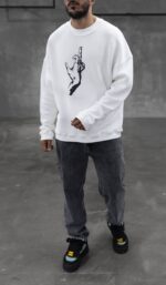 Мужской Белый Свитшот Оверсайз с Принтом Средний Палец - Трехнитка Диагональ